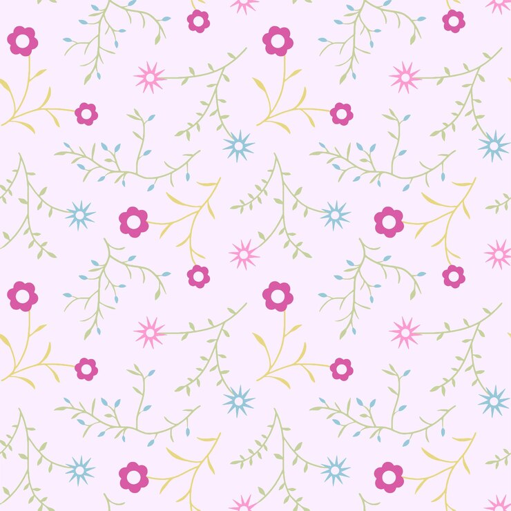Vetor um padrão sem costura com pequenas flores e galhos estilizados em cor-de-rosa apagada e púrpura claro