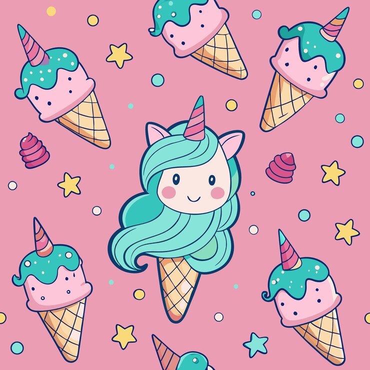 Vetor um padrão sem costura com um unicórnio em um cone de sorvete cercado por cones de sorvete, estrelas, pontos e salpicaduras em um fundo rosa