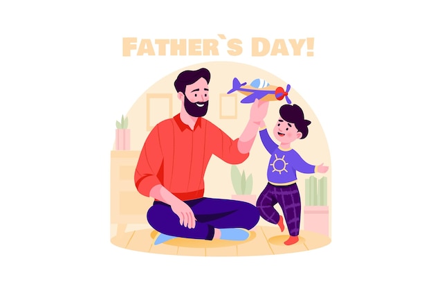 Um pai e seu filho compartilham um momento alegre enquanto brincam com uma ilustração vetorial de um avião de brinquedo