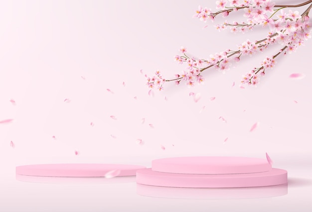 Um palco minimalista com pódios cilíndricos vazios. Vitrine maquete para vitrine de produto em rosa com ramos de sakura no fundo.