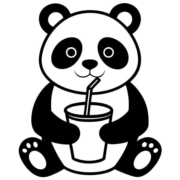 Vetor um panda a beber de uma chávena com um canudo.