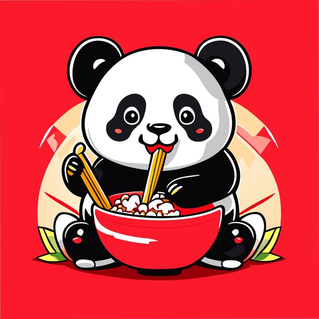 Vetor um panda bonito comendo arroz de frango frito em um bo grande