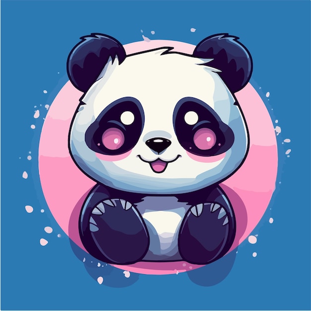 Um panda de desenho animado com olhos rosa e azuis senta-se em um fundo rosa.