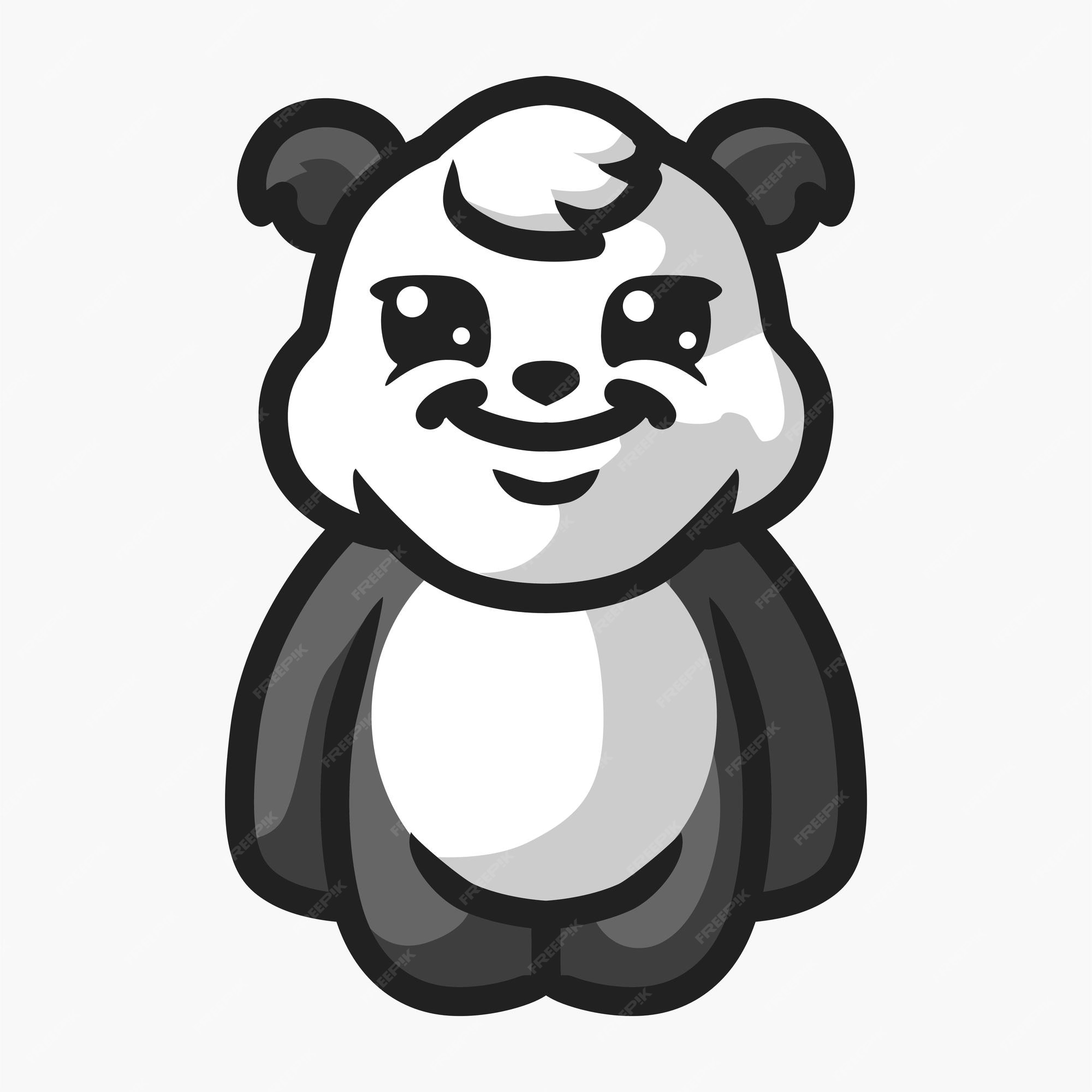 Um panda de desenho animado com um rosto branco e um rosto preto e branco.