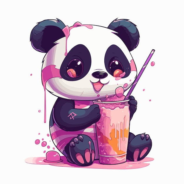 Um panda está sentado comendo um smoothie de morango.