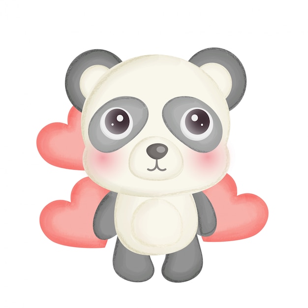 Um panda fofo com um coração vermelho