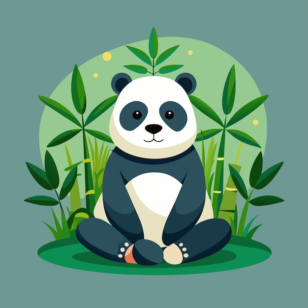 Um panda sentado no chão na frente de algumas plantas com bambu ao fundo Um panda sentando pacificamente com bambu no fundo Ilustração vetorial plana simples e minimalista