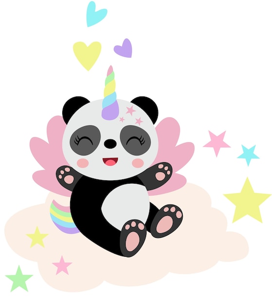 Um panda unicórnio bonito sentado numa nuvem.