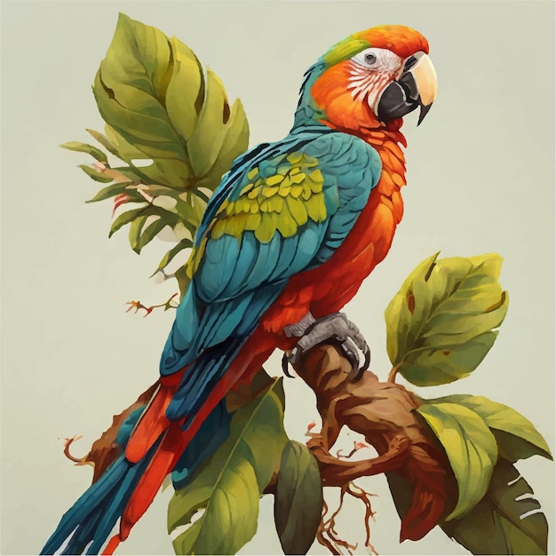 Vetor um papagaio colorido em um ramo com um fundo branco