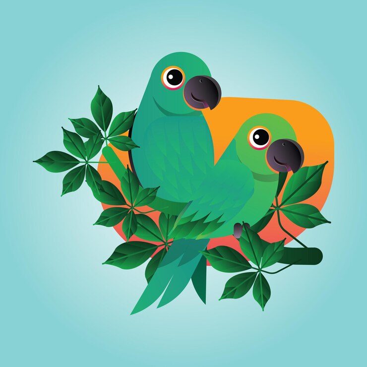 Vetor um papagaio verde com olhos amarelos está sentado em um galho com folhas verdes.