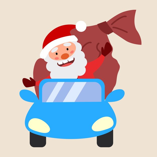 Um papai noel cheio de braços estendidos anda em um carro com uma sacola de presentes.