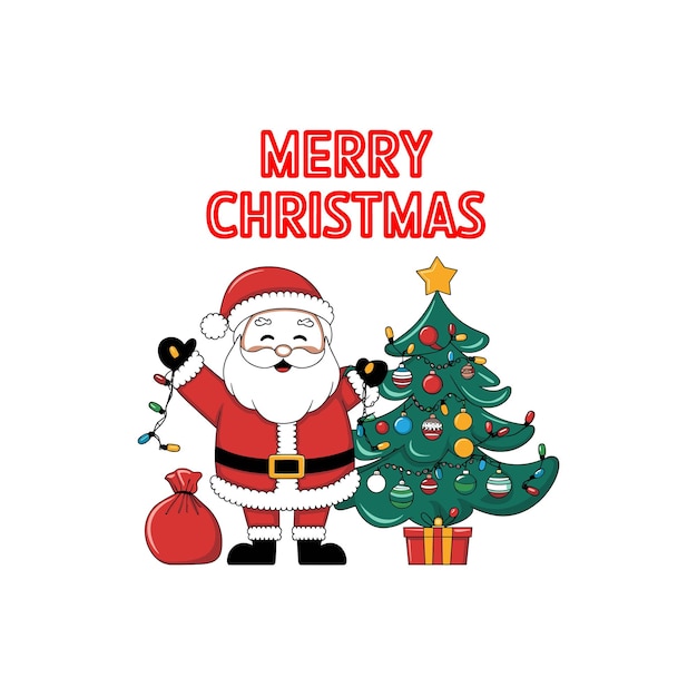 Um Papai Noel com uma árvore de Natal ao fundo