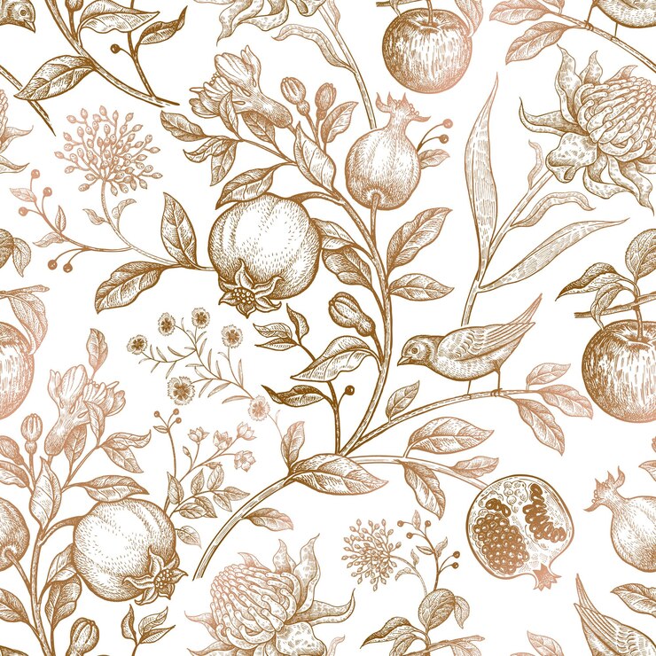Um papel de parede com a imagem de uma flor e a imagem de uma romã.