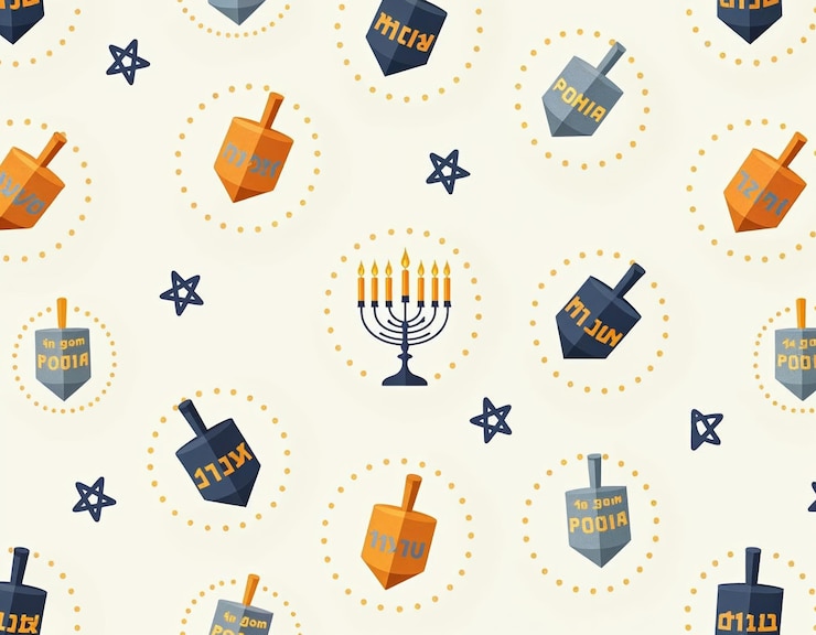Vetor um papel de parede vetorial sem costura com estrelas de david menorahs e dreidels em um fundo branco