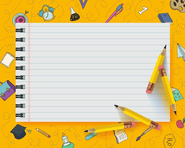 Vetor um papel para anotações com lápis amarelos e um ícone de desenho educacional