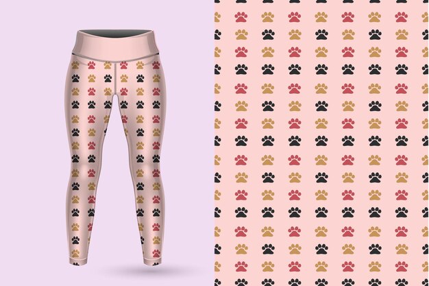 Vetor um par de leggings com estampas de patas à esquerda e um fundo rosa.