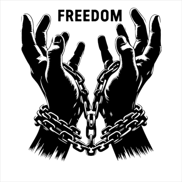 Um par de mãos acorrentadas a uma cadeia com as palavras de texto liberdade silhueta vetor