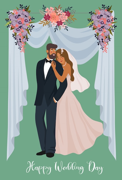 Um par de noivos no fundo de uma tenda de casamento e flores.