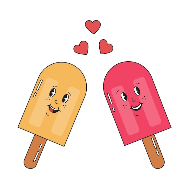 Vetor um par de sorvetes românticos em estilo retro groovy conceito romântico de amor para o dia dos namorados