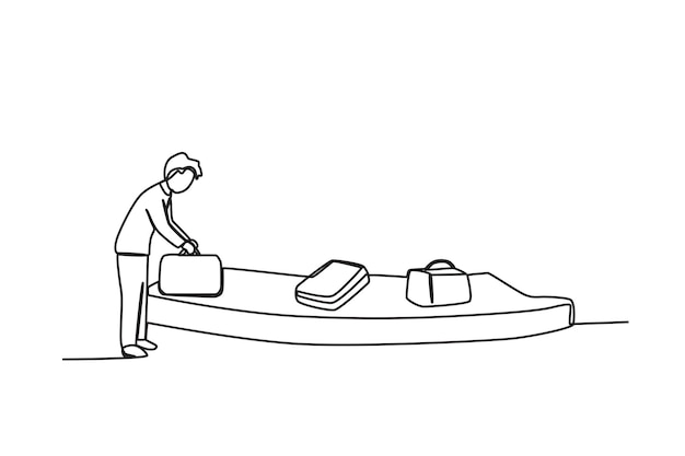 Um passageiro coloca uma mala na inspeção de bagagem desenho de uma linha da atividade do aeroporto