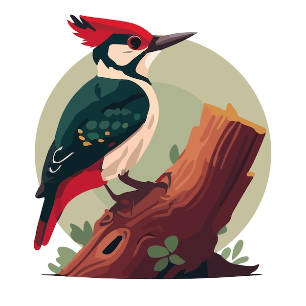 Vetor um pássaro com uma cabeça vermelha senta-se em um toco de árvore.