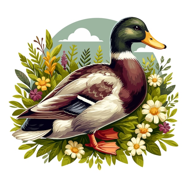Vetor um pato está de pé num campo de flores e tem um sinal que diz pato
