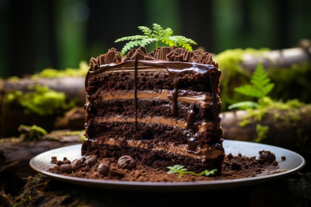 Vetor um pedaço de bolo de chocolate em um prato na floresta