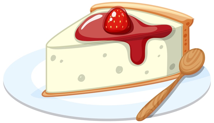 Vetor um pedaço de bolo de queijo de morango em um prato com uma colher isolada