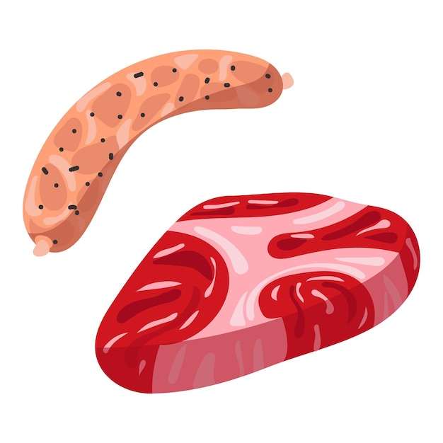 Um pedaço de carne crua e uma ilustração vetorial de salsicha podem ser usados para manuais de culinária de açougueiro