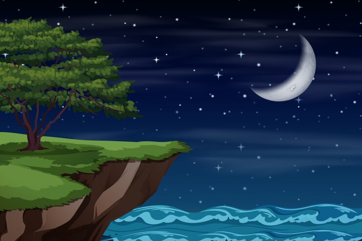 Vetor um, penhasco, paisagem, à noite