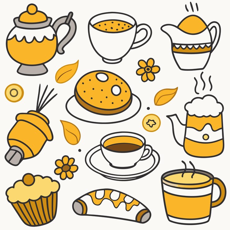 Vetor um pequeno-almoço bonito desenhado à mão com café, chá e bolos.