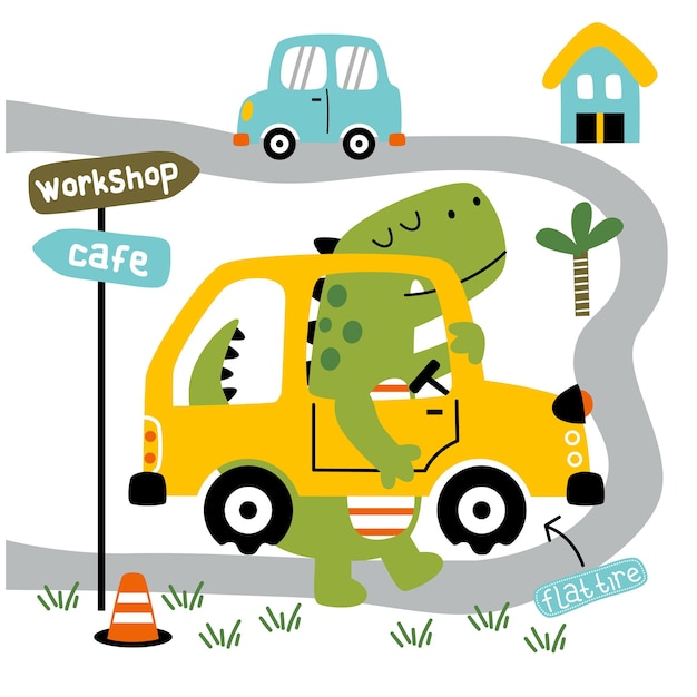 um pequeno dinossauro com carro quebrou desenho animado