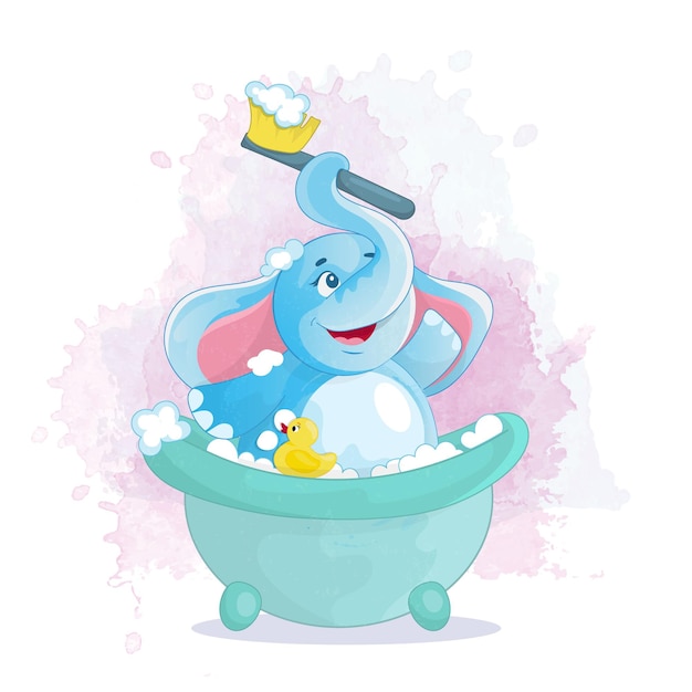 Vetor um pequeno elefante toma um banho de espuma um personagem de desenho animado feliz ilustração infantil