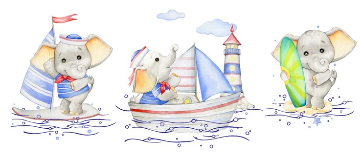 Um pequeno elefante vestido de marinheiro anda em um barco olha para o farol Aquarela clipart em um fundo isolado