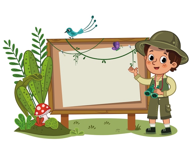 Um pequeno explorador em frente a um painel vazio. ilustração vetorial