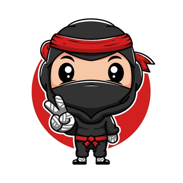 Um pequeno ninja japonês com um sinal de paz com o símbolo da paz.