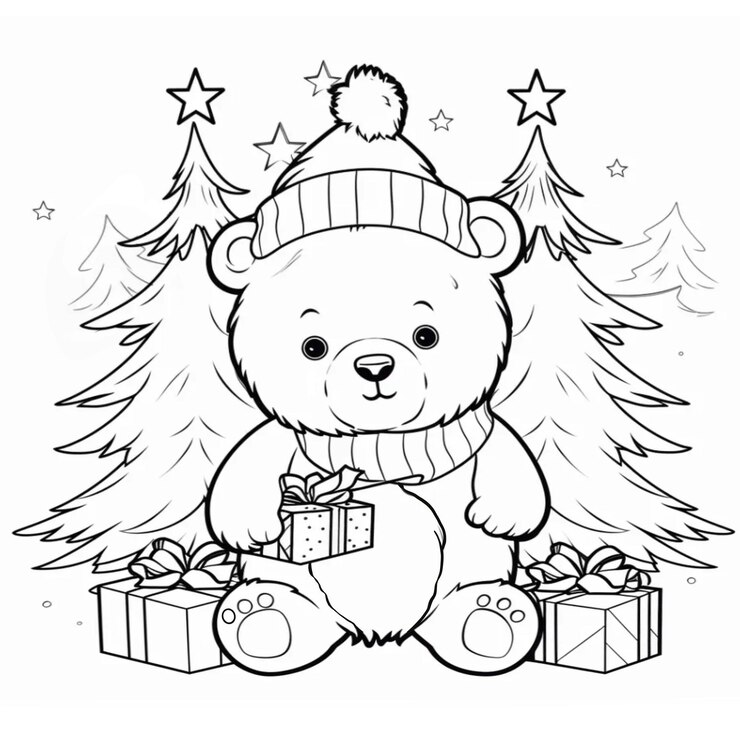 Vetor um pequeno urso bonito com uma caixa de presentes no inverno e ilustração de natal
