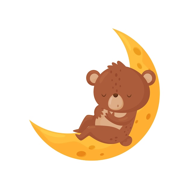 Um pequeno urso bonito dormindo na lua, um animal adorável, um personagem de desenho animado, uma boa noite, um elemento de design, sonhos doces, um vetor, uma ilustração isolada sobre um fundo branco.