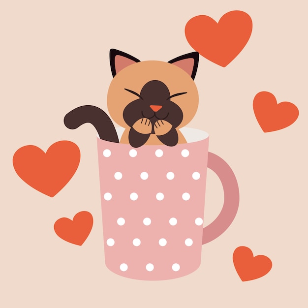 Um, personagem, de, cute, gato, sentando, em, a, cor-de-rosa, polka dot, copo