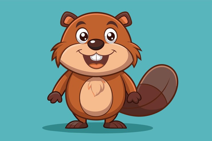 Vetor um personagem de desenho animado de castor com um sorriso amigável está ereto em um fundo turquesa suas características expressivas são projetadas para atrair crianças e melhorar a narrativa criativa