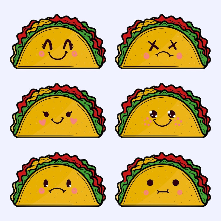 Vetor um personagem de desenho animado de comida com diferentes expressões e um rosto com um sorriso nele