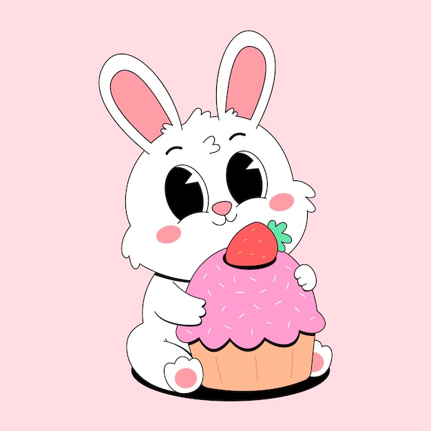 um personagem de desenho animado de um coelho branco bonito segurando um cupcake