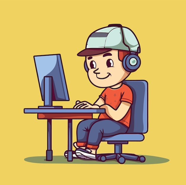 Vetor um personagem de desenho animado está sentado em um computador e usando um boné e um fone de ouvido.