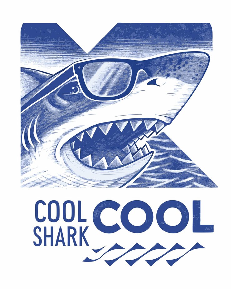 Vetor um personagem de tubarão legal usando óculos de sol com um slogan de fonte ousada em um estilo retro divertido