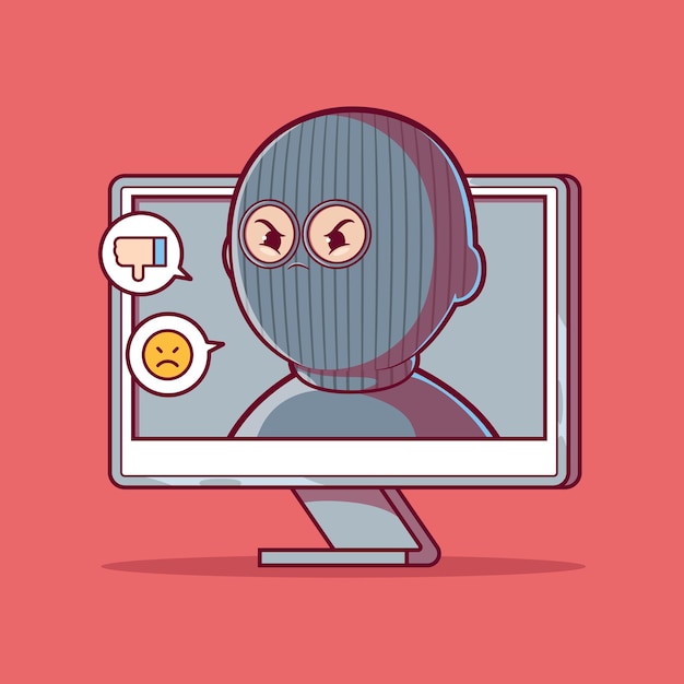 Um personagem ladrão está saindo de uma tela de computador ilustração vetorial conceito de design técnico