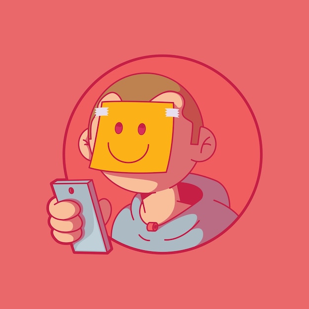 Vetor um personagem segurando um smartphone com uma ilustração vetorial de rosto feliz tecnologia de mídia social em