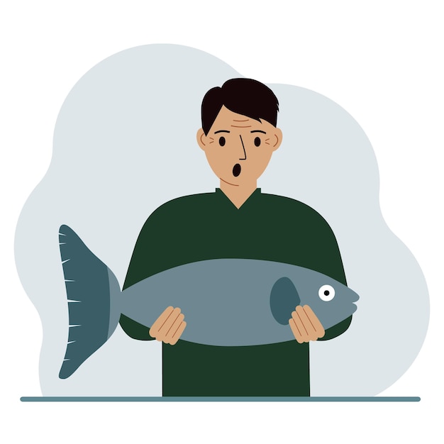Um pescador do sexo masculino mantém um grande peixe orgulhoso de boa pesca ou caça Conceito de pesca Hobby