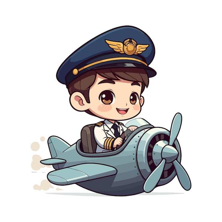 Vetor um piloto feliz piloto e avião a jato em um fundo branco desenho animado piloto feliz capitão acenando com a mão