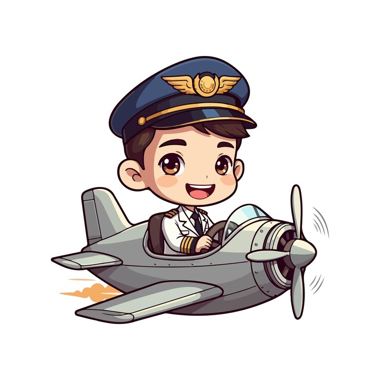 Vetor um piloto feliz piloto e avião a jato em um fundo branco desenho animado piloto feliz capitão acenando com a mão