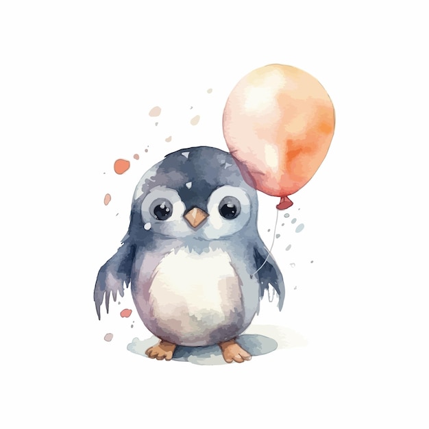 Um pinguim bebê fofo com fundo branco de aquarela de desenho animado de balões